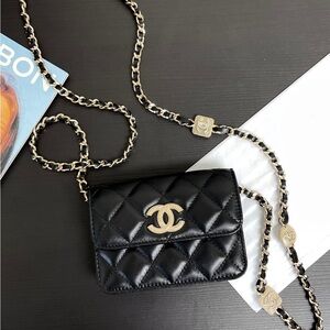 CHANEL Black Quilted Leather Mini Crossbody with Gold CC and Chain
